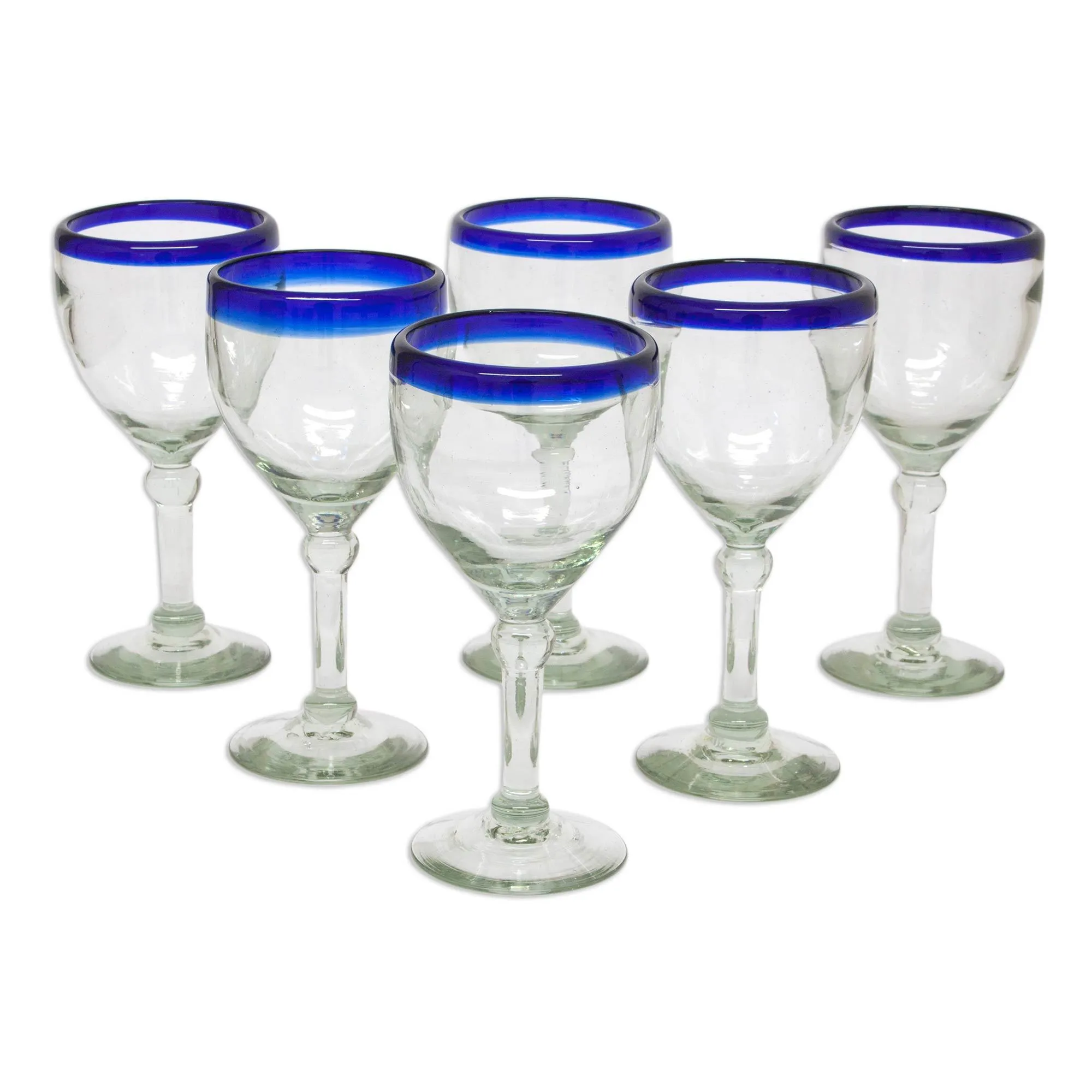 Acapulco Blue Rim Hand Blown Wine Goblet Glass Set