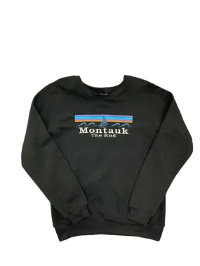 Adult Unisex Crewneck Pullover with Embroidered Montauk The End with Ship in Black