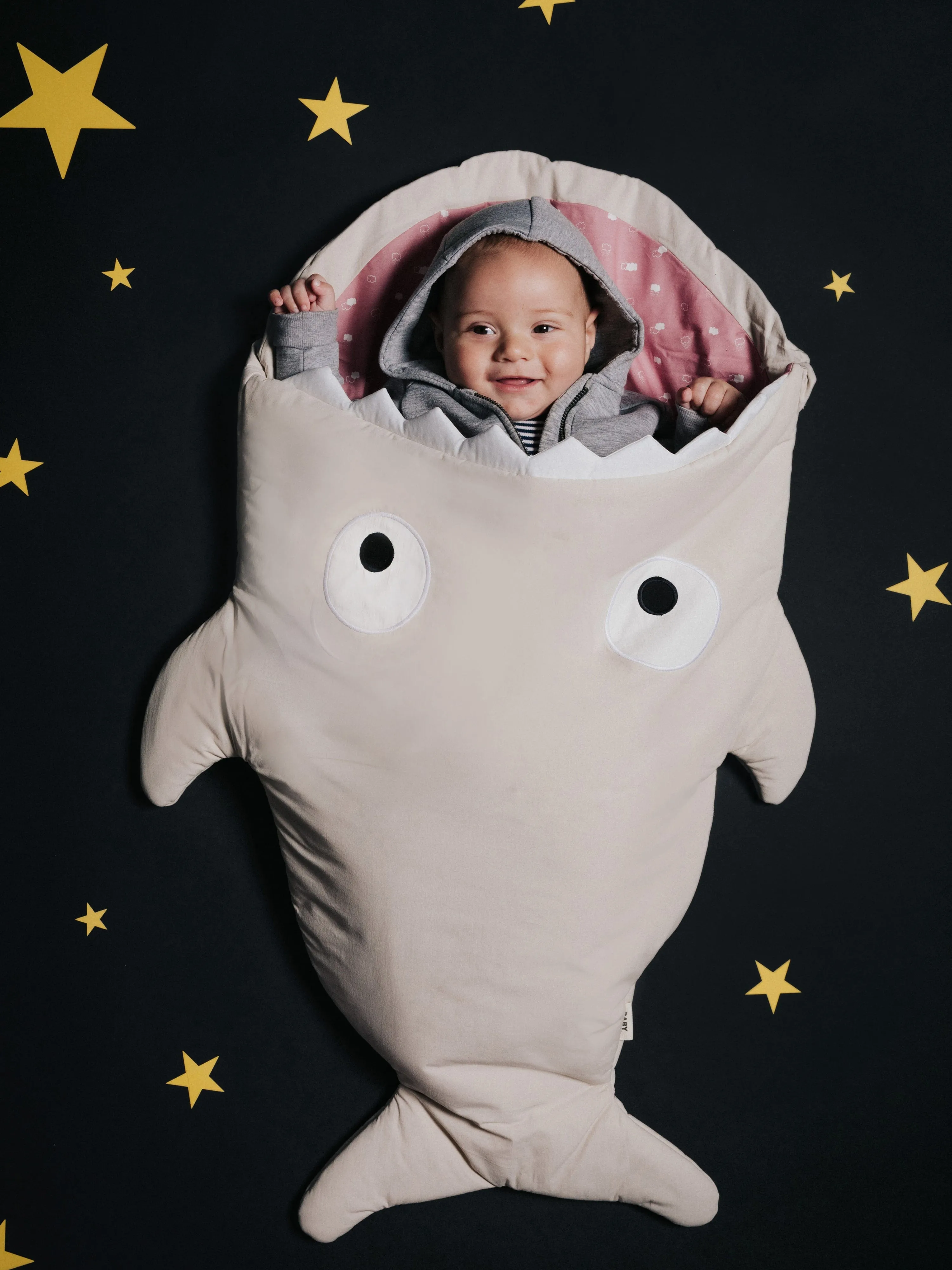 Baby Bites Baby Girls Pink Clouds Stone Shark Sleeping Bag in Grey