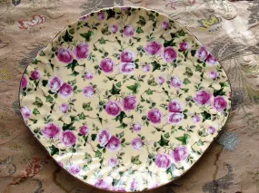 BEAUTIFUL Vintage English Chintz Cake Plate,PINK Roses on Yellow,Decorative Cake Plate, Lovely Serving Plate, Handled Chintz Flo