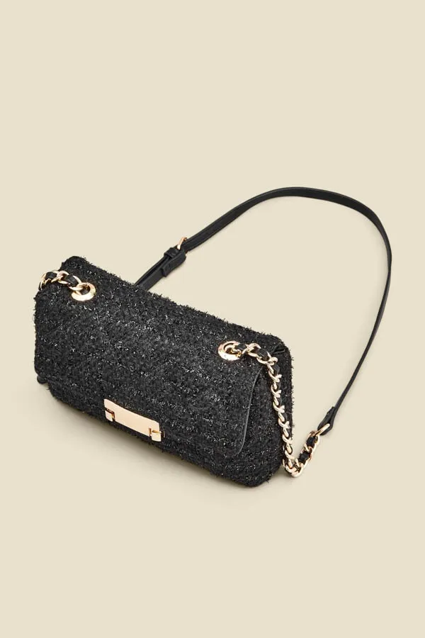 Black Metallic Boucle Clasp Detail Cross Body Bag