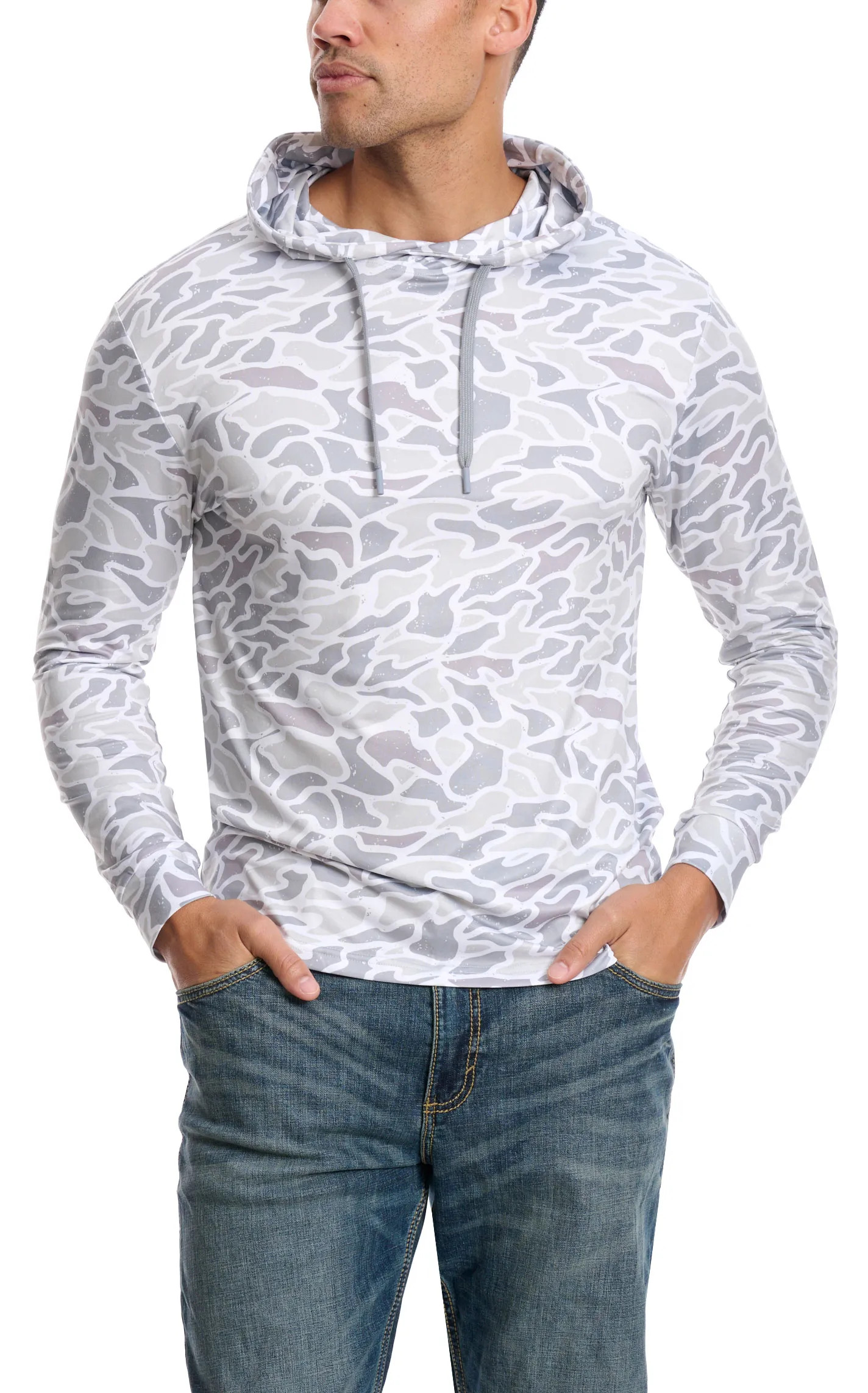 BURLEBO Men's Grey Stone Camo Print Performance Outdoor Hoodie