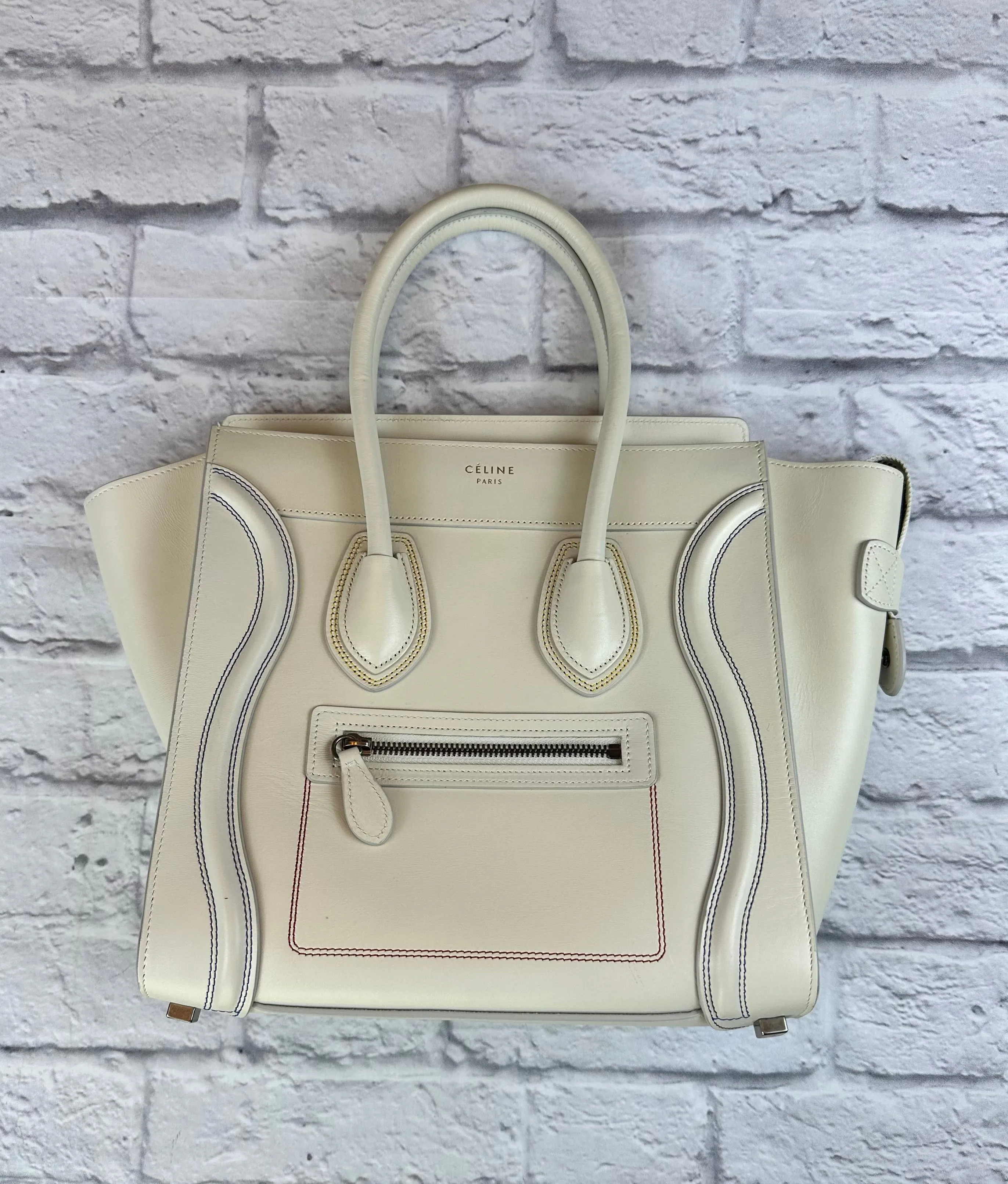 Celine Ivory Micro Luggage Tote with Multi Color Stitching