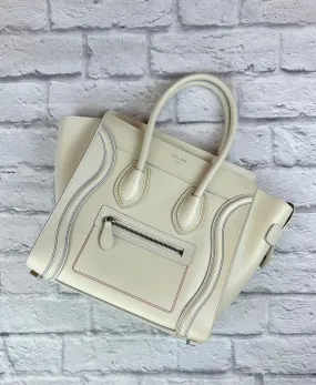 Celine Ivory Micro Luggage Tote with Multi Color Stitching