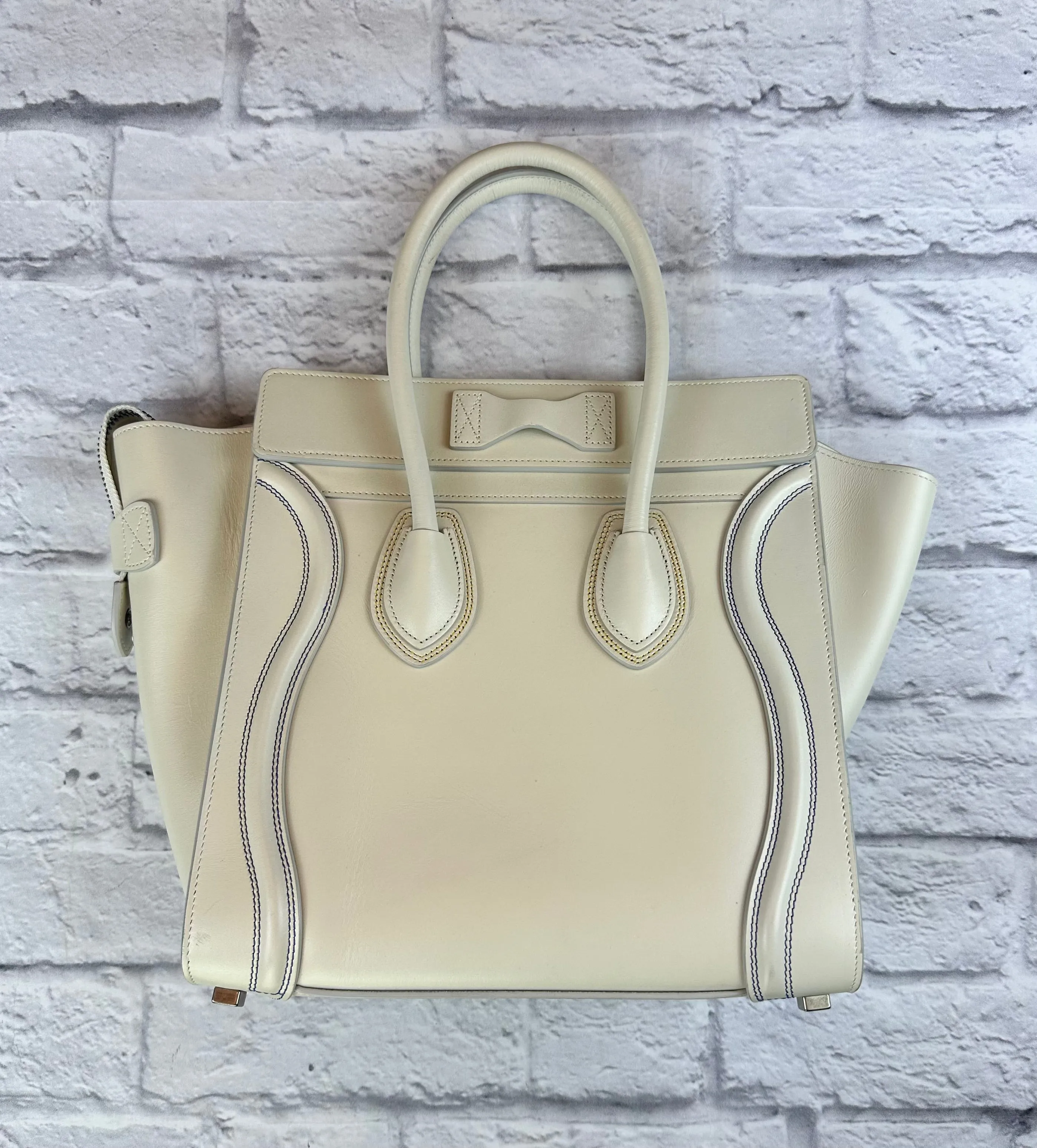 Celine Ivory Micro Luggage Tote with Multi Color Stitching