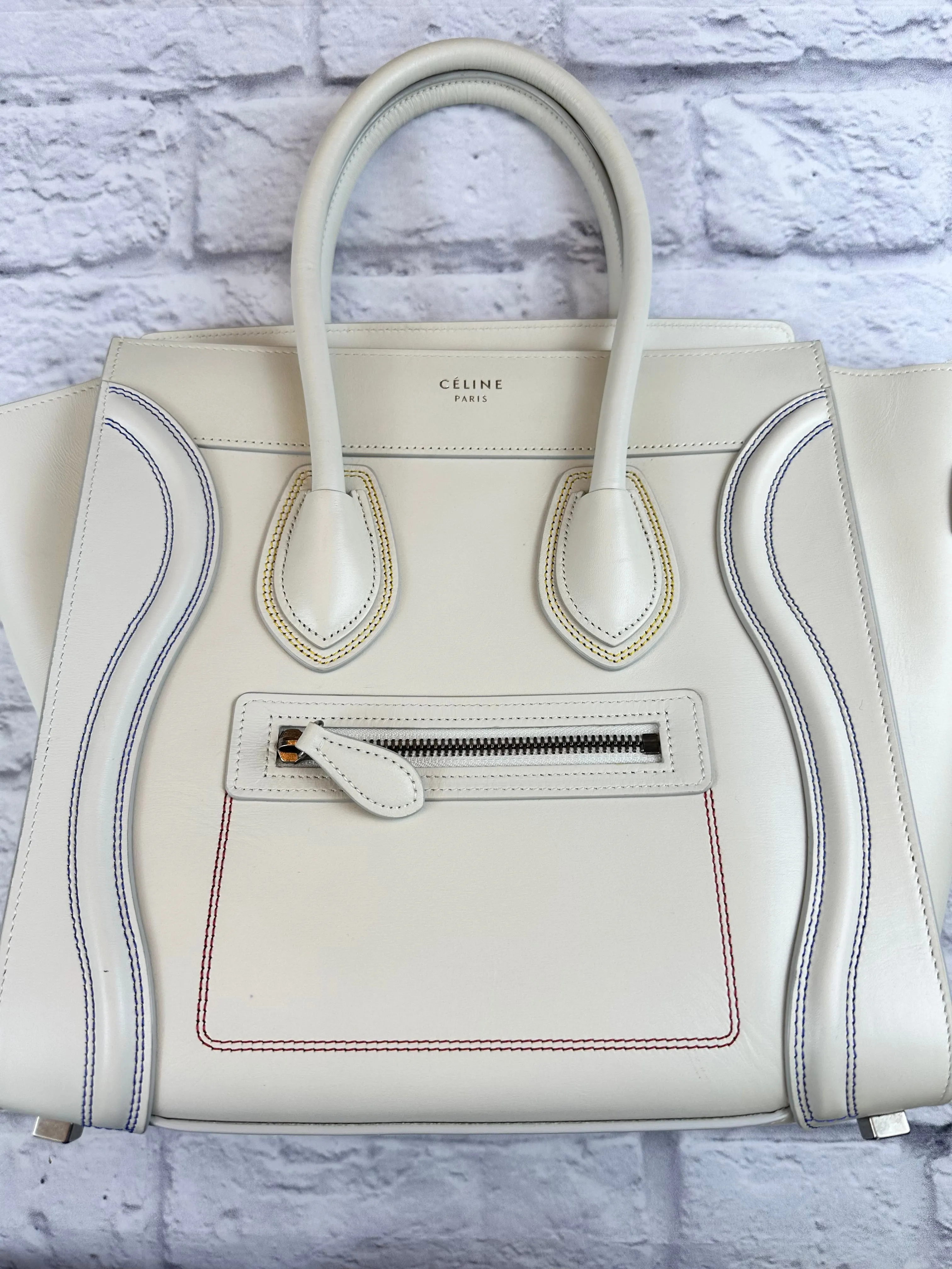 Celine Ivory Micro Luggage Tote with Multi Color Stitching