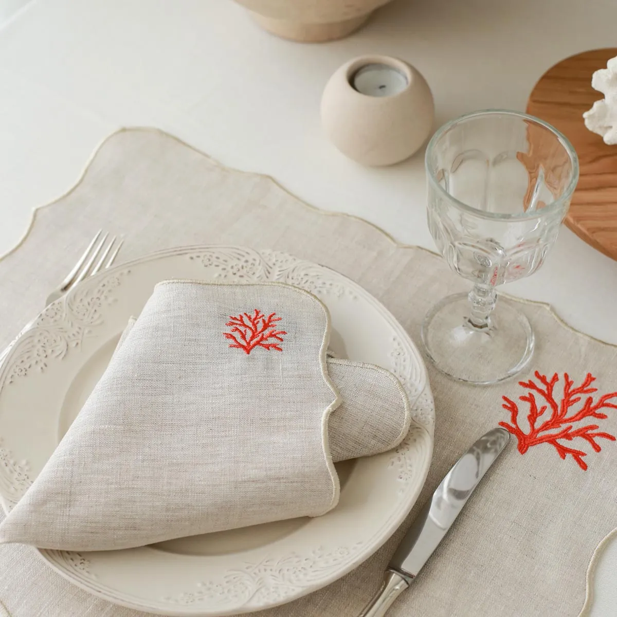 Coral Embroidery Linen Napkins (Set of 2)