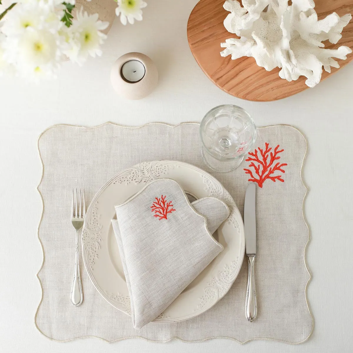 Coral Embroidery Linen Napkins (Set of 2)