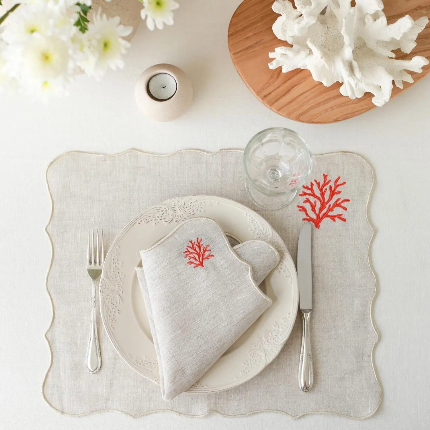 Coral Embroidery Linen Placemats (Set of 2)