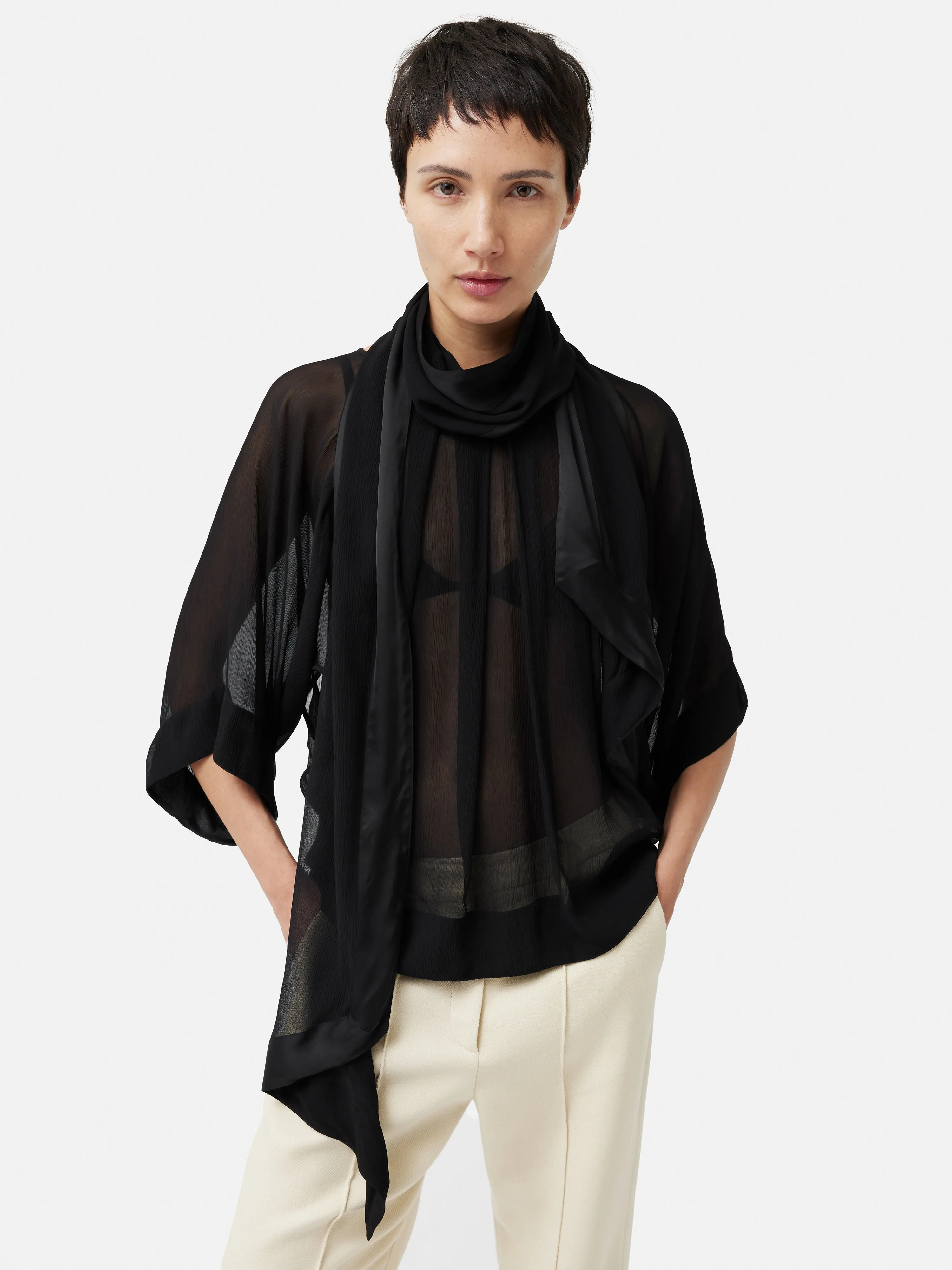 Crinkle Viscose Scarf Top | Black