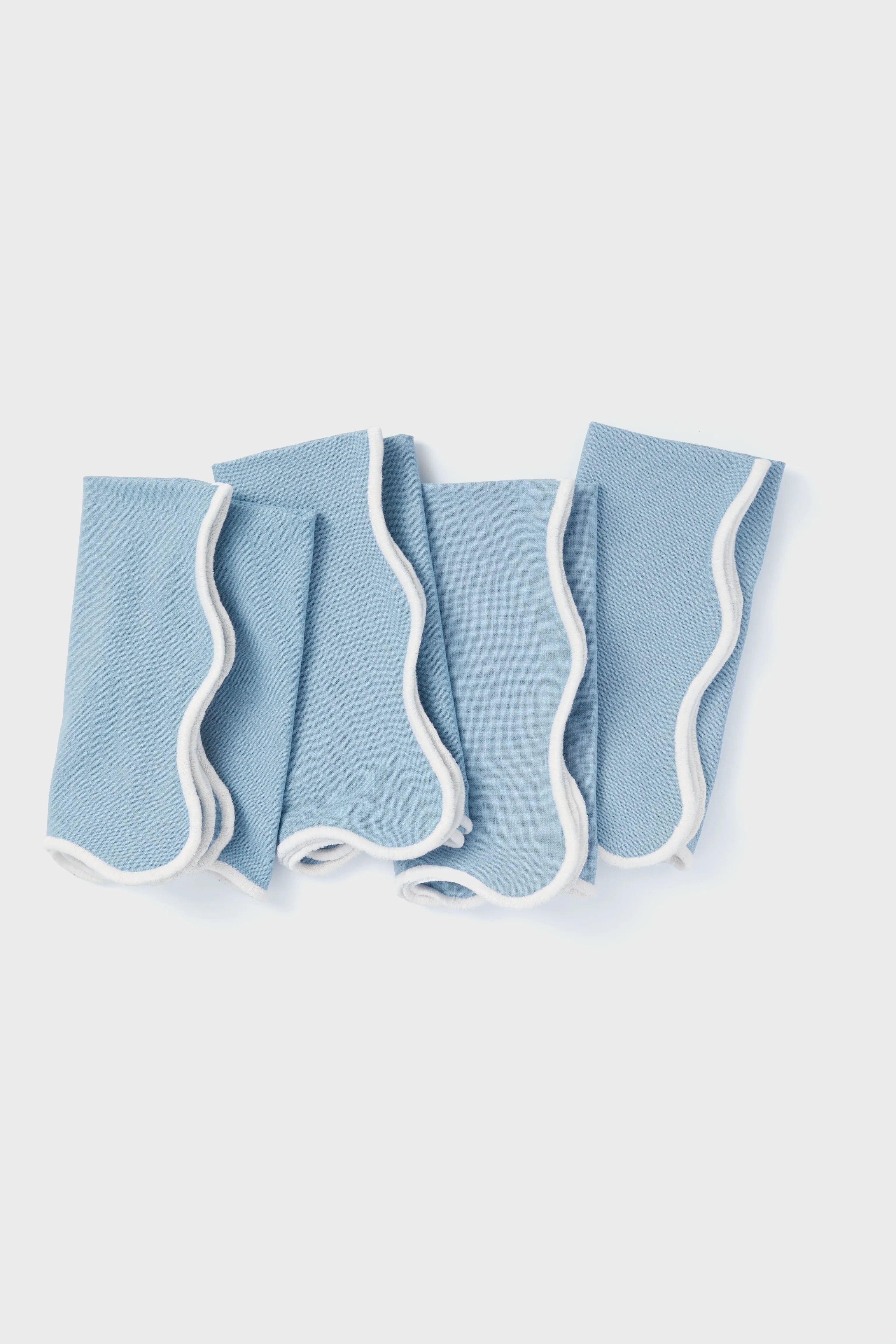 Dusty Blue and White Embroidered Scalloped Napkins Set of 4