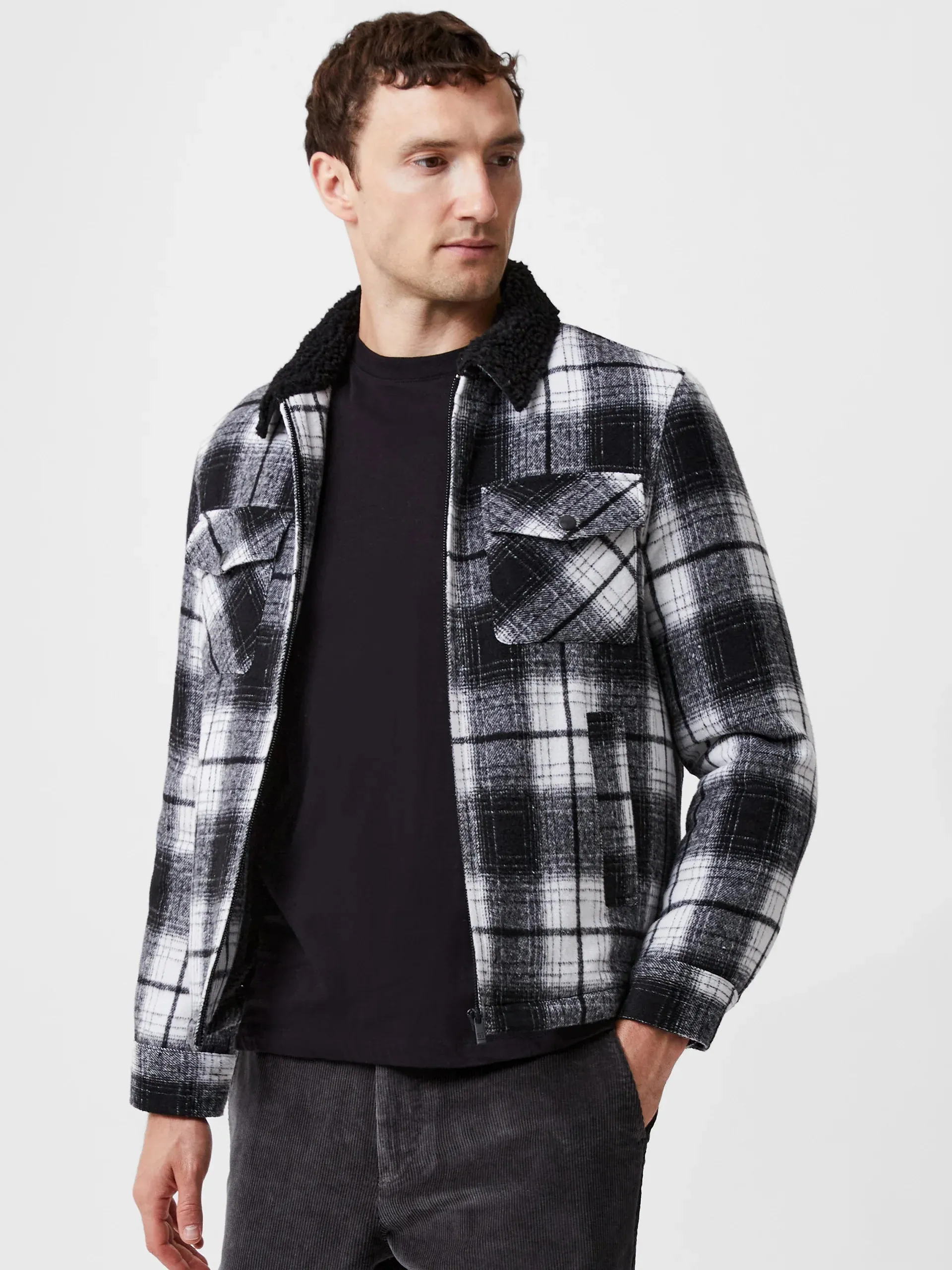 French Connection Borg Collar Checked Jacket