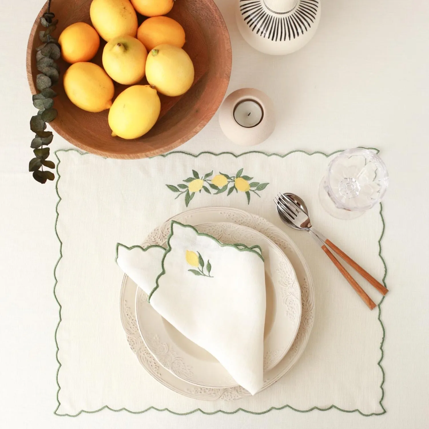 Lemon Embroidery Linen Placemats (Set of 2)