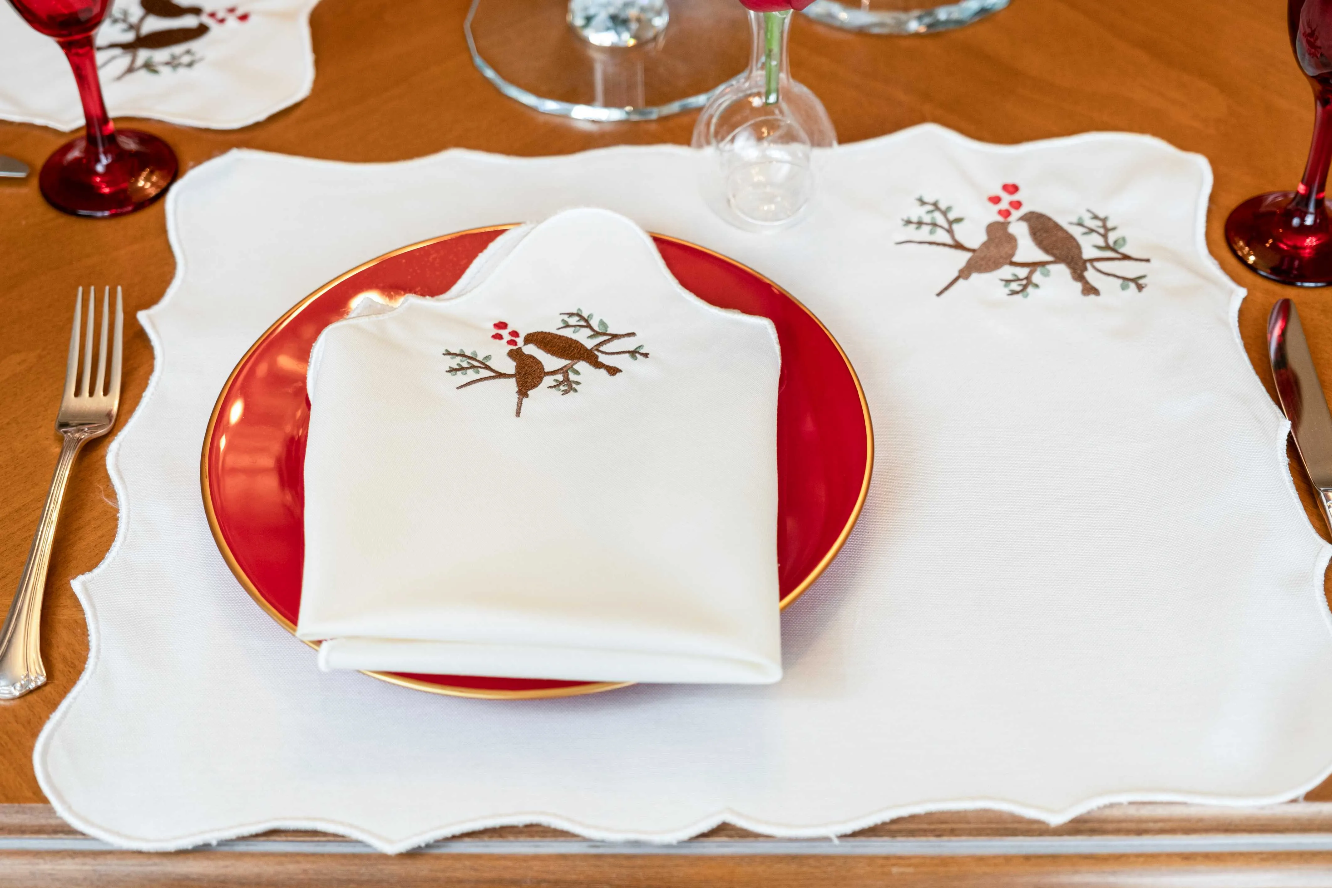 Lovebirds Embroidery Cotton Placemats (Set of 2)