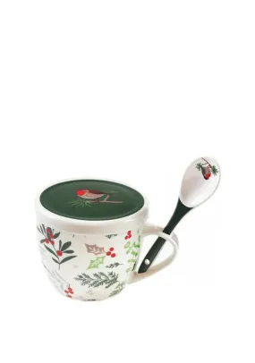 Peggy Wilkins Winter Hedgerow Mug and Spoon Set, White