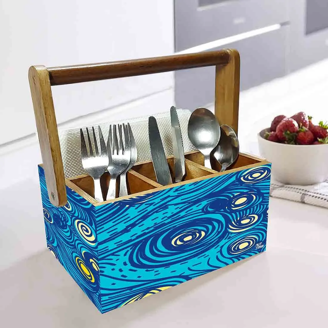 Spoon and Fork Holder With Handle for Kitchen Organizer - Blue Illusion