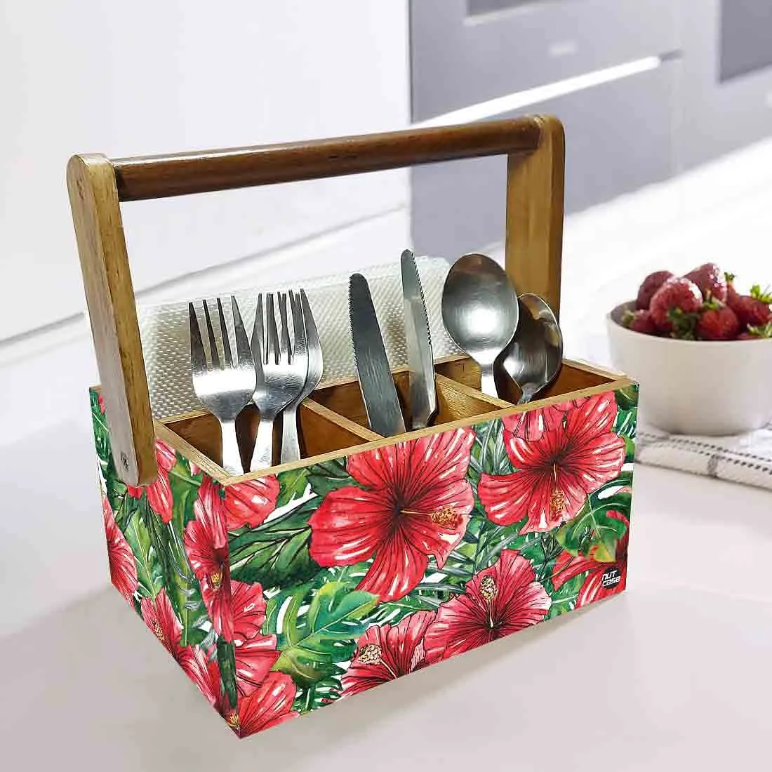 Spoon Stand Wooden for Kitchen Organizer Knives Napkin Forks - Hibiscus