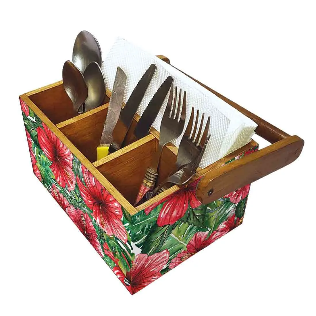 Spoon Stand Wooden for Kitchen Organizer Knives Napkin Forks - Hibiscus