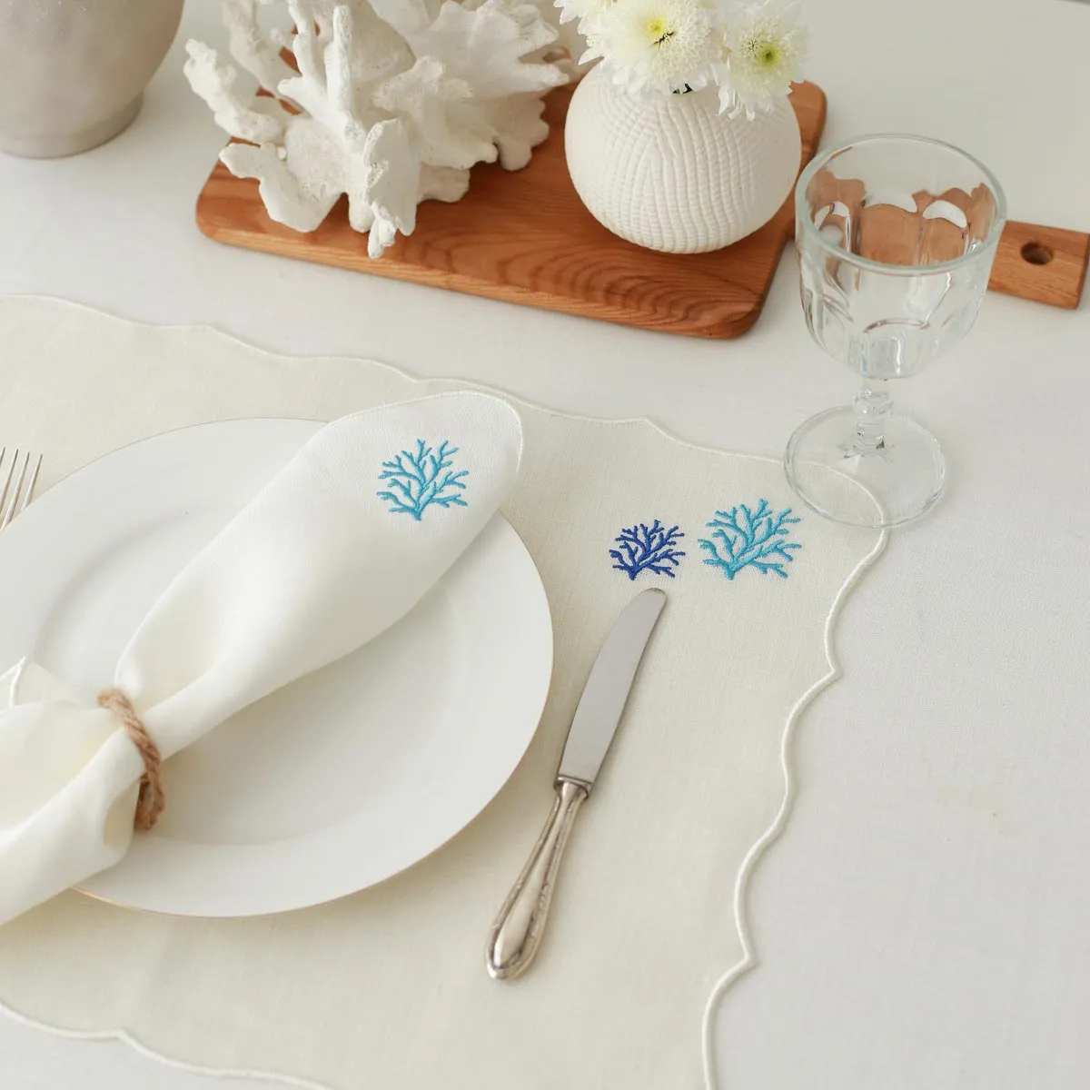 Turquoise Coral Embroidery Linen Placemats (Set of 2)