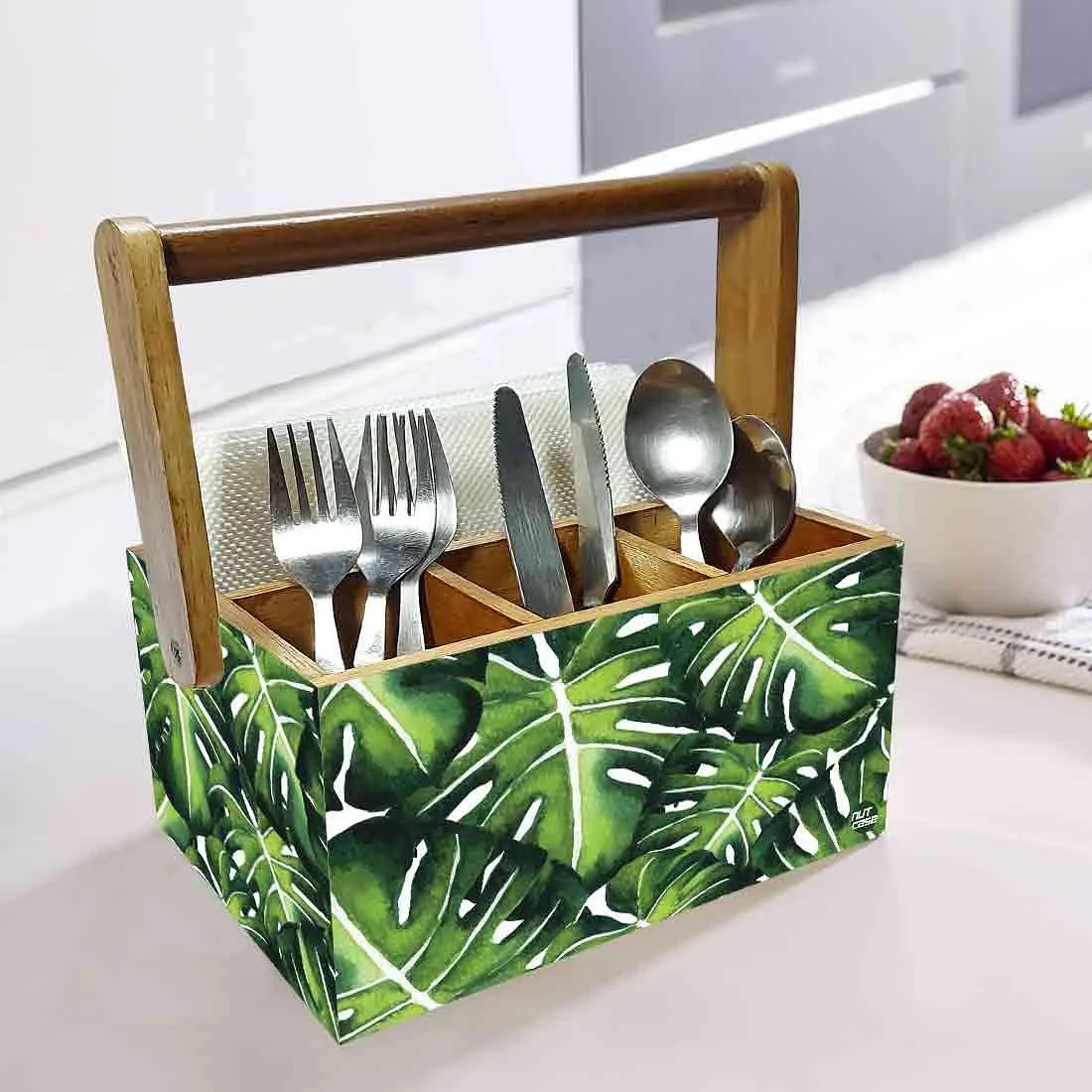 Wooden Cutlery Holder Spoon Fork Stand for Kitchen Organizer - Monstera Leaves