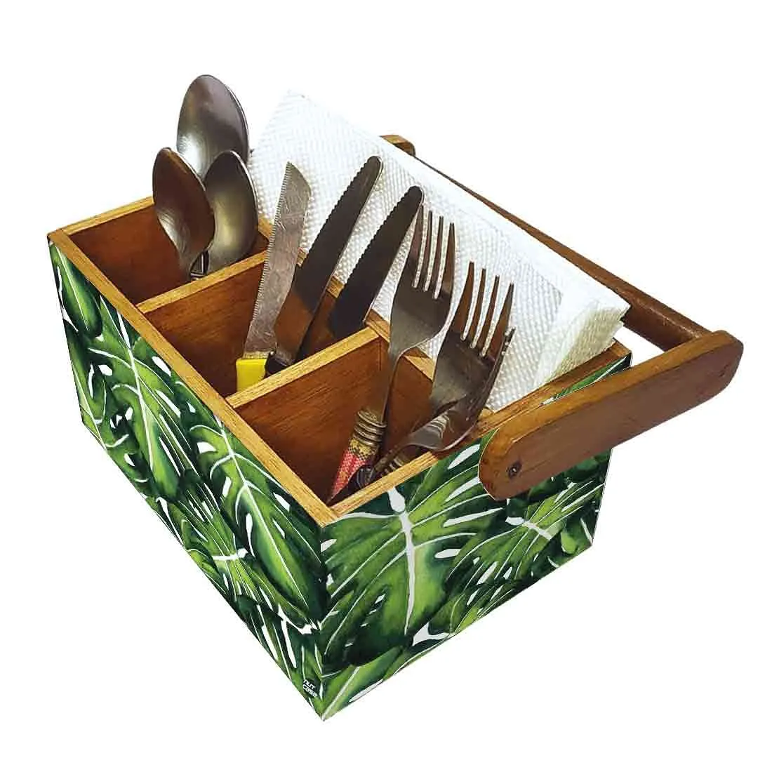 Wooden Cutlery Holder Spoon Fork Stand for Kitchen Organizer - Monstera Leaves